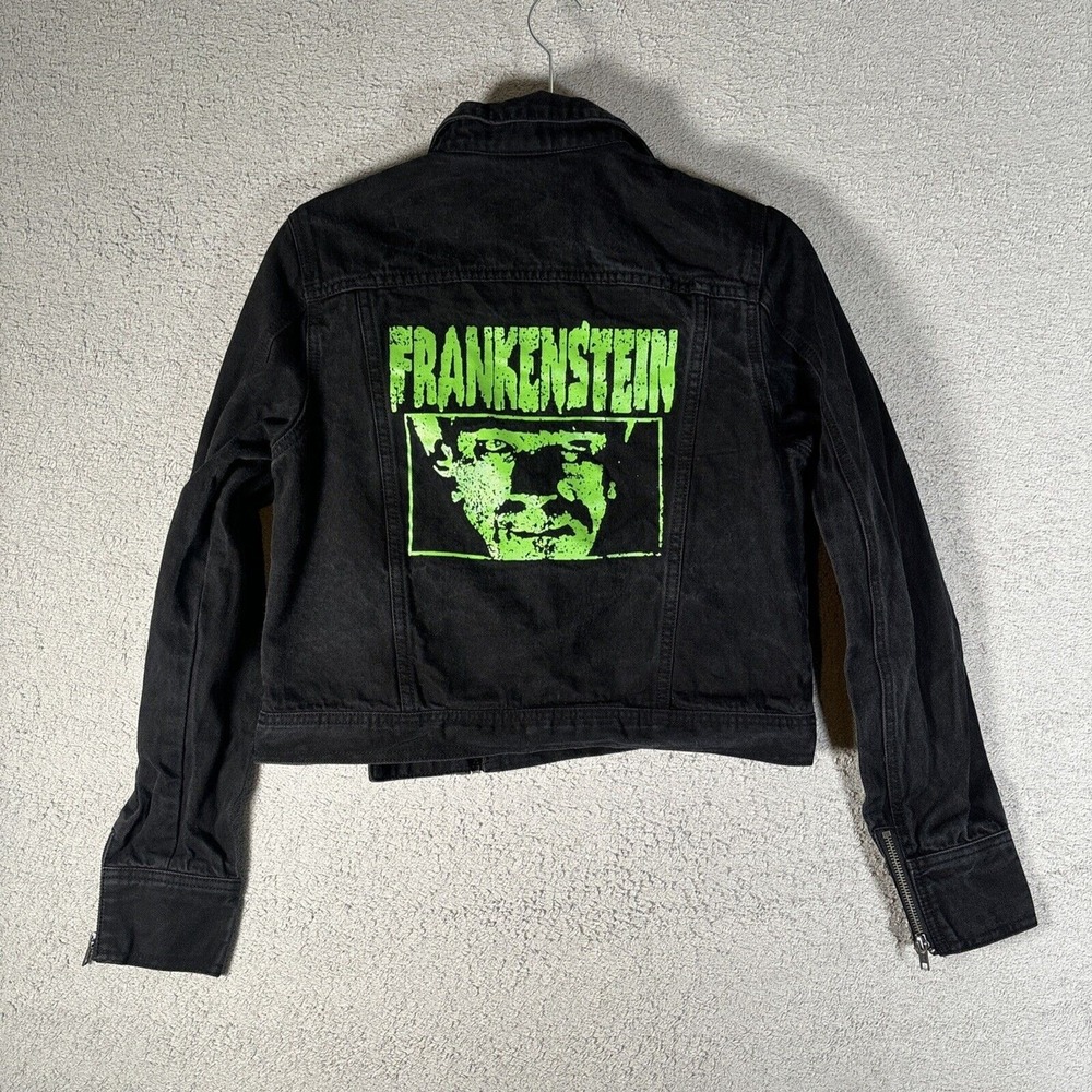 Universal Studios Monsters Frankenstein Moto Jacket Black Denim Neon Green Small